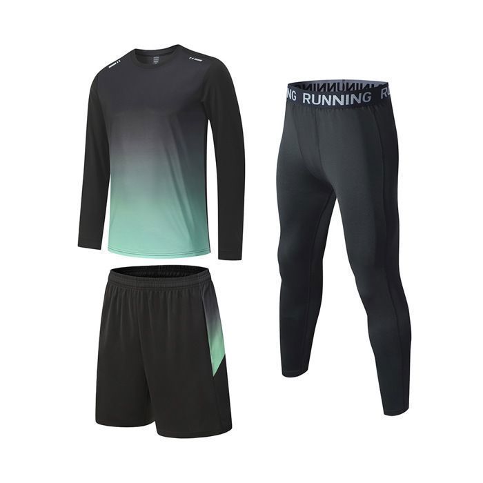 Men's 3-Piece Sportswear Set: T-Shirt, Shorts, and Leggings for Running and Fitness - Black and Green