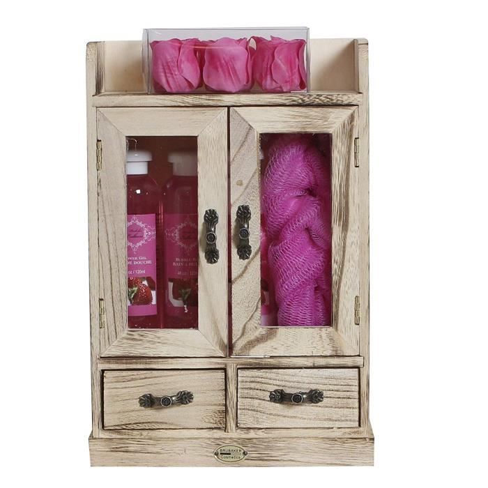 BRUBAKER Cosmetics - Coffret de bain - Fraise - 10 Pièces - Armoire en Bois - Idée cadeau