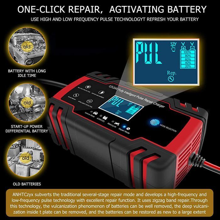 Cargador de baterías inteligente de 12V/24V 8A, cargador mantenedor de baterías con pantalla LCD, compatible con baterías AGM, de gel, húmedas y SLA (8-100AH) (Negro/Rojo)