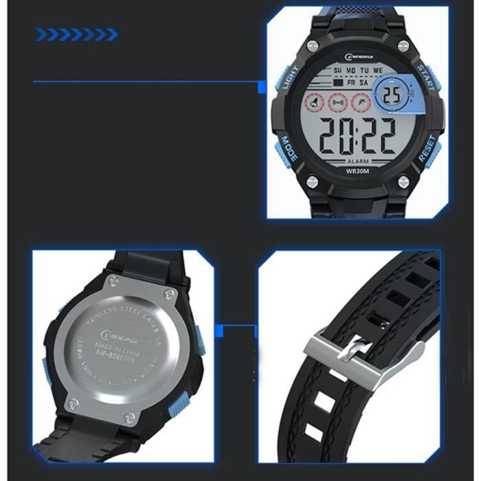 Montre Enfant Imperméable Sport Extérieur Cool avec réveil/chronomètre LED - Noir Bleu