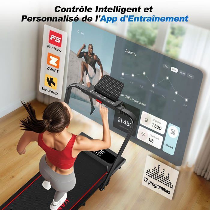 6 en 1 Tapis de Course Pliable, App Intelligente, Vitesse 1-12KM/H 2.75HP Silencieux Tapis de Marche, 160KG