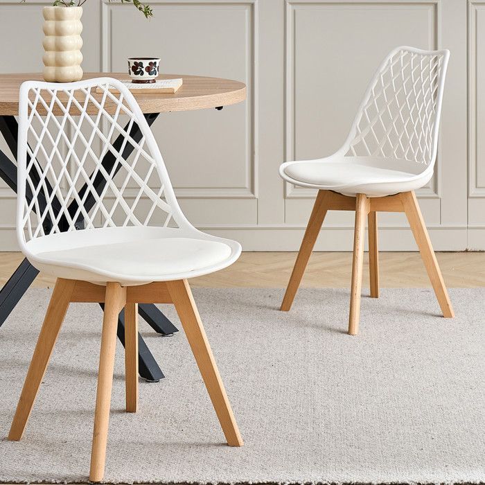 Set of 6 dining chairs - Scandinavian style (white), solid wood legs - openwork back