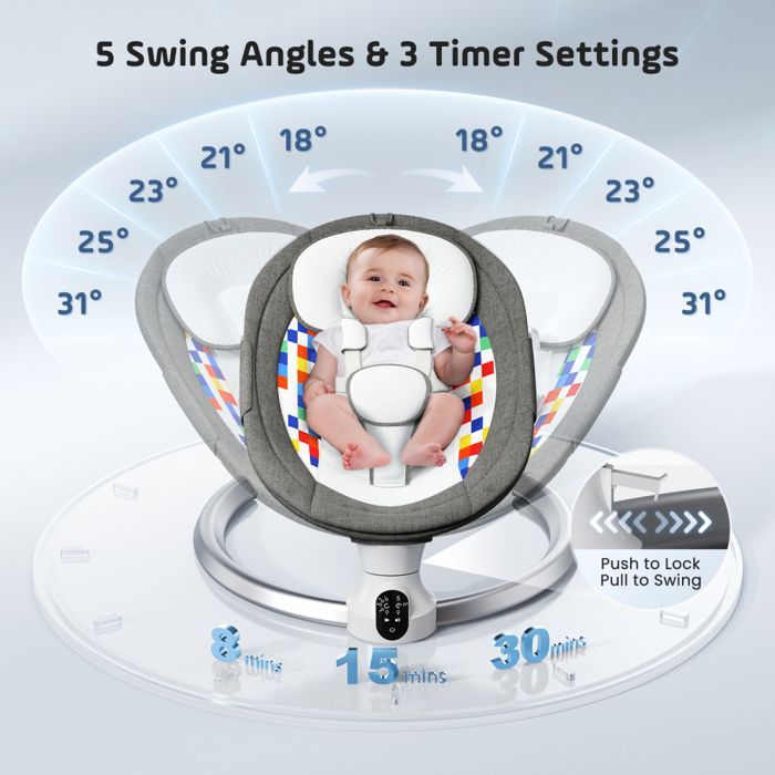 Baby bouncer, electric baby swing from birth to 6 months, with 5 swing speeds, 5-point safety harness