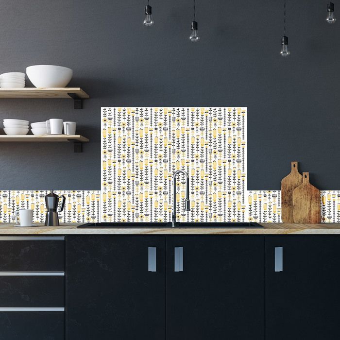 SEVENTY zelfklevende aluminium spatwand - 60 cm x 70 cm - Geel, wit en zwart - Zelfklevende achterkant - Achterwand voor afzuigkap