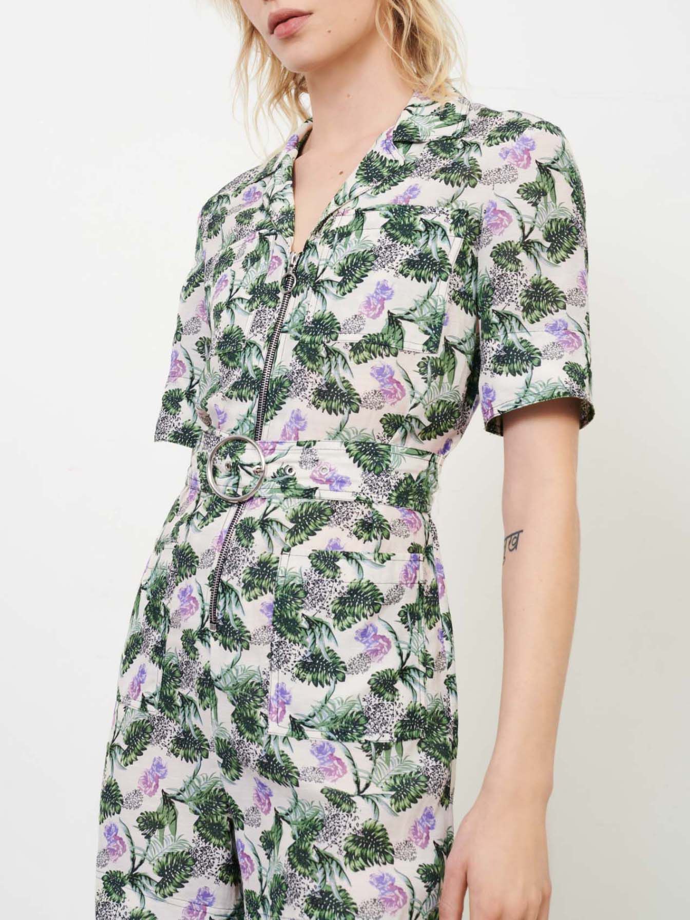 Bedrukte korte jumpsuit van viscose en linnen - Groentegroen/Ecru