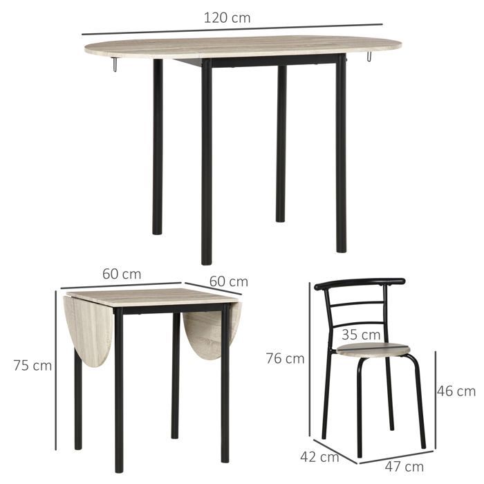 Ensemble table et chaises - HOMCOM - table ovale extensible à rabats 2 chaises cuisine - métal MDF - noir naturel