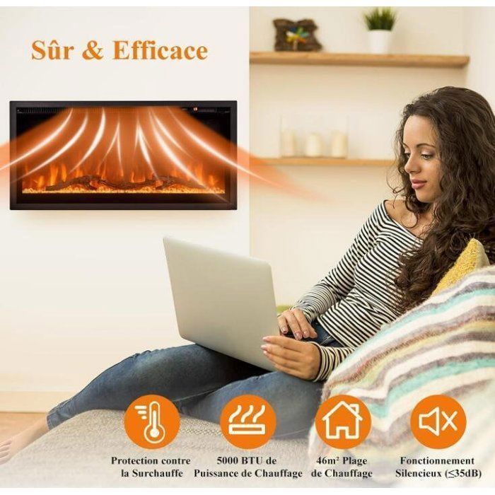 Cheminée Électrique - RELAX4LIFE - 750W/1500W - pour 42 m2 - Effet Flamme 9 Couleurs - 5 Luminosités Réglables - Température 18-28℃