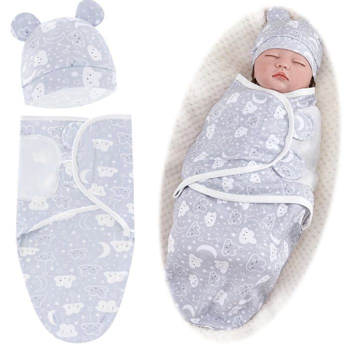 Couverture Emmaillotage Bébé 0-6 Mois 100% Coton Gris - Pour Nouveau-Né Garçon/Fille - Puériculture