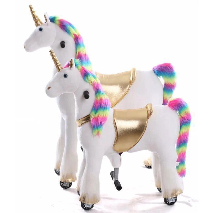 VROOOMY Unicorno cavalcabile con ruote - Piccolo - Arcobaleno - Età 3-6 anni - Movimento meccanico al galoppo - Altezza 54 cm - 45 kg