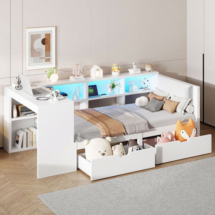 Letto combinato per bambini 90x200 cm - con 2 cassetti e stazione di ricarica - con luci LED colorate - bianco