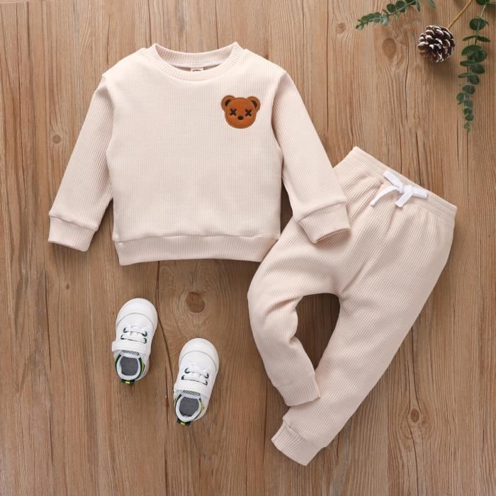 Conjunto de ropa de otoño para niños y niñas: Sudadera de manga larga con oso bordado + Pantalones largos, color blanco.