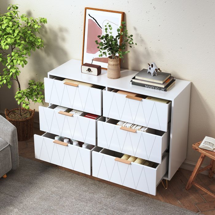 Commode - SOMUBI - Modèle losange - 6 tiroirs - Design élégant - Blanc
