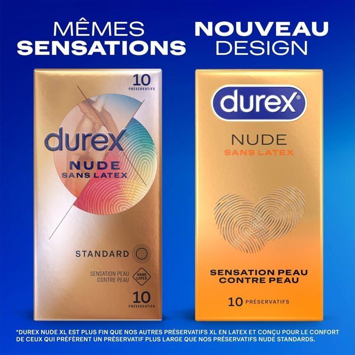 Durex - Lot de 30 Préservatifs Nude Sans Latex - Taille Standard - Convient aux personnes allergiques au latex - 3x10 pièces