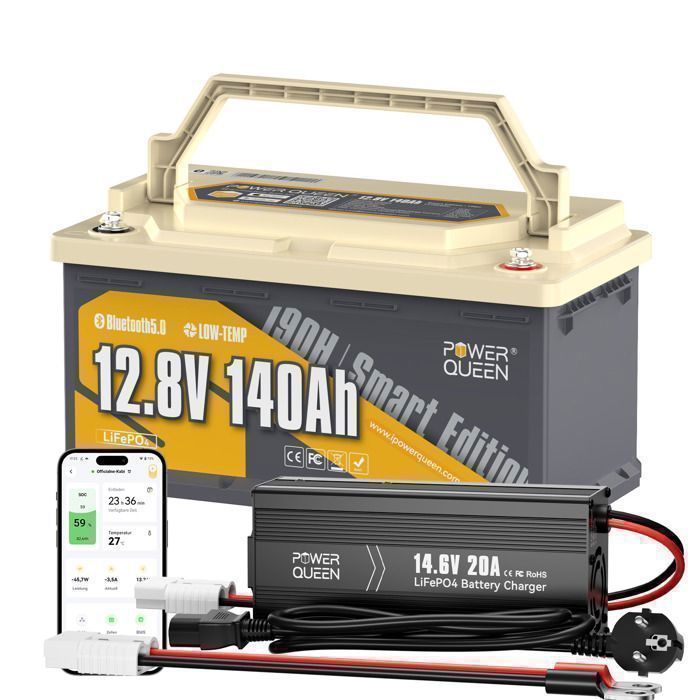 Batería de litio LiFePO4 de 12 V y 140 Ah, para instalar debajo del asiento, de 189 mm de altura, con Bluetooth 5.0 + cargador de 12 V y 20 A para autocaravanas y caravanas.