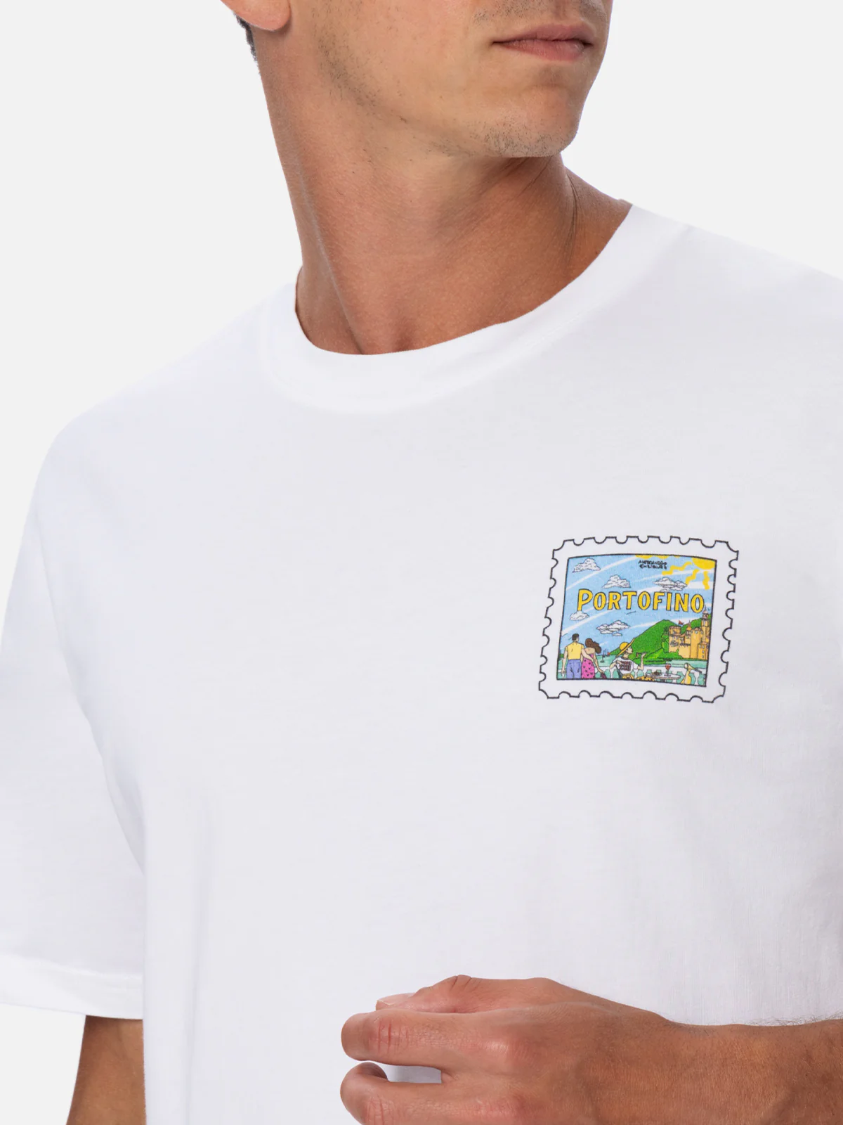 Heren katoenen T-shirt met een ansichtkaartprint van Portofino op de voor- en achterkant.