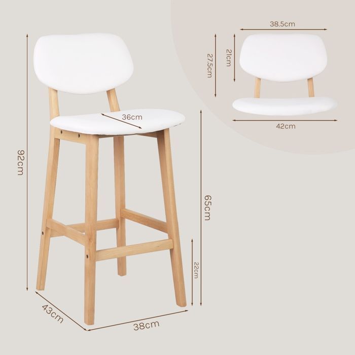 WOLTU Set of 2 Faux Leather and Wood Bar Stools with Backrest, 43x37.5x91.5cm, White