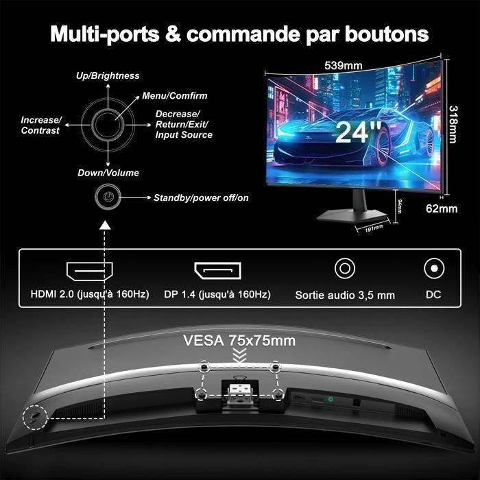 Minifire 24-inch Curved Gaming Monitor - 160Hz - FHD 1920x1080, 16:9 VA Panel 1500R, 1ms, 110% sRGB, HDMI 2.0 / DP 1.4