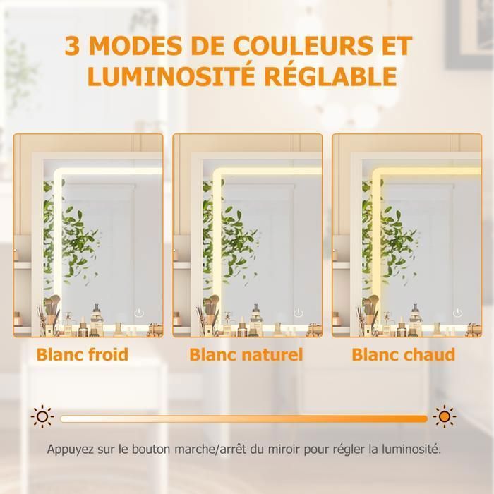 Coiffeuse avec Miroir LED et Tabouret - NHHF - 87L X 36P X 136H cm - 3 Modes D'éclairage - avec 4 Tiroirs et 7 Étagères - Blanc