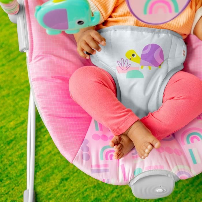 BRIGHT STARTS Baby Bouncer with Animals - Pink, Soothing Vibrations, Activity Arch with Interactive Toys