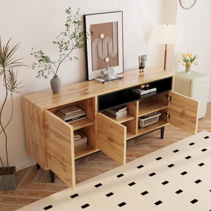 Aparador de estilo industrial, armario de pasillo de 3 puertas, mueble de cocina con estante, 160x35x76cm, madera natural rústica.