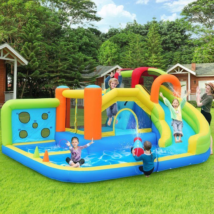 Opblaasbaar kasteel met blower, waterpark voor kinderen, waterglijbaan, werpmuur, basketbalring, klimmuur