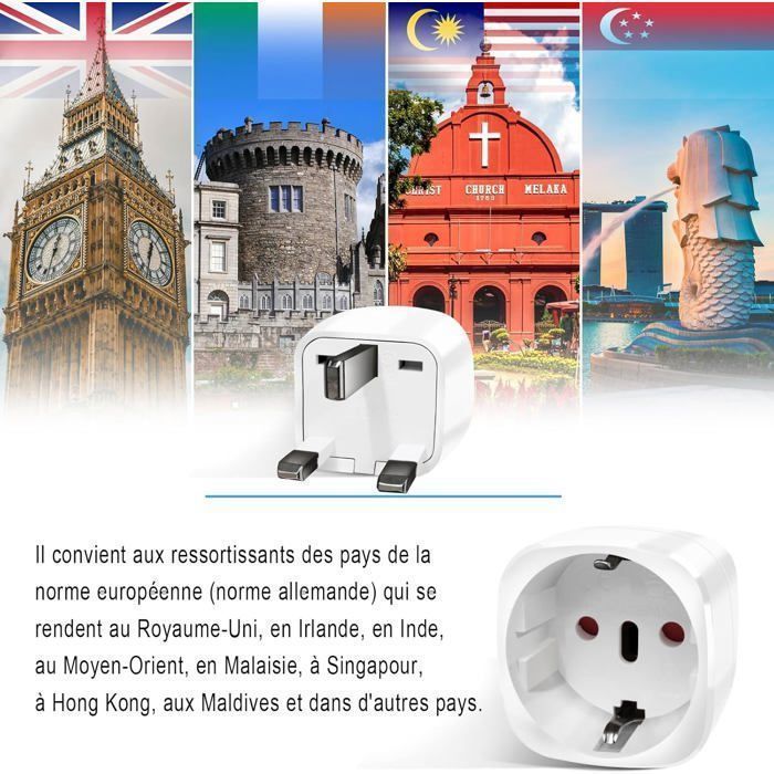 Adaptateur Prise Anglaise, Adaptateur de Voyage France vers UK, Angleterre, Ecosse, Dubaï, Malte, Adaptateur Type G, 2pcs, Blanc