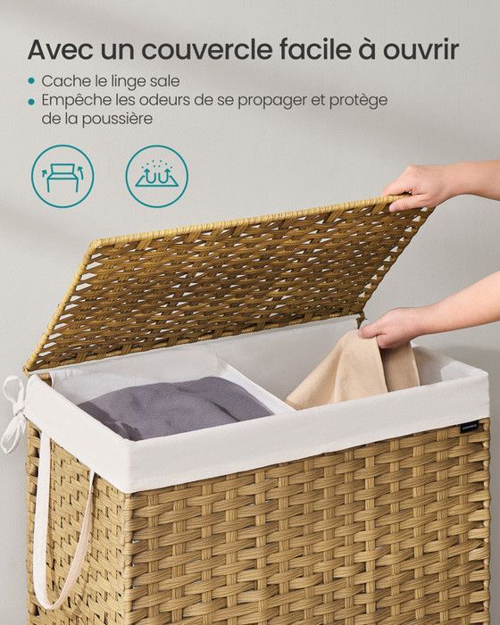 Cesta de almacenamiento, cesto de ropa sucia de 160 L con tapa, plegable, bolsas de tela y asas extraíbles, color madera.
