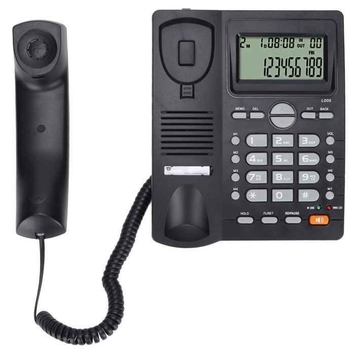 Teléfono con cable, identificador de llamadas, función de rellamada, negro, etiqueta Estilo 1