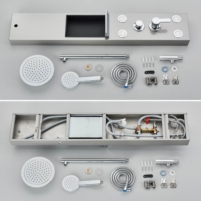 Colonna doccia idromassaggio multifunzionale in acciaio inox con soffione fisso, funzione massaggio e mensola (nichel spazzolato)