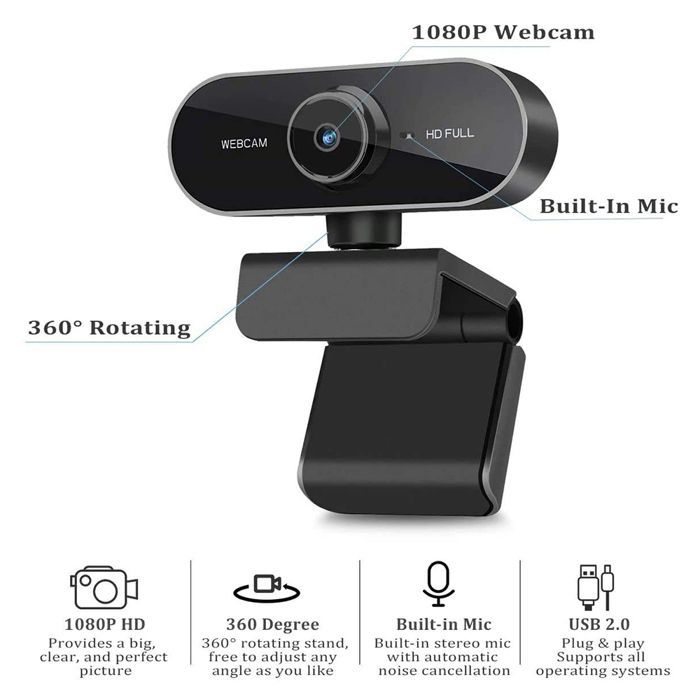 Webcam avec microphone, caméra vidéo Full HD 1080p pour ordinateurs, ordinateurs portables, ordinateurs de bureau, USB Plug and