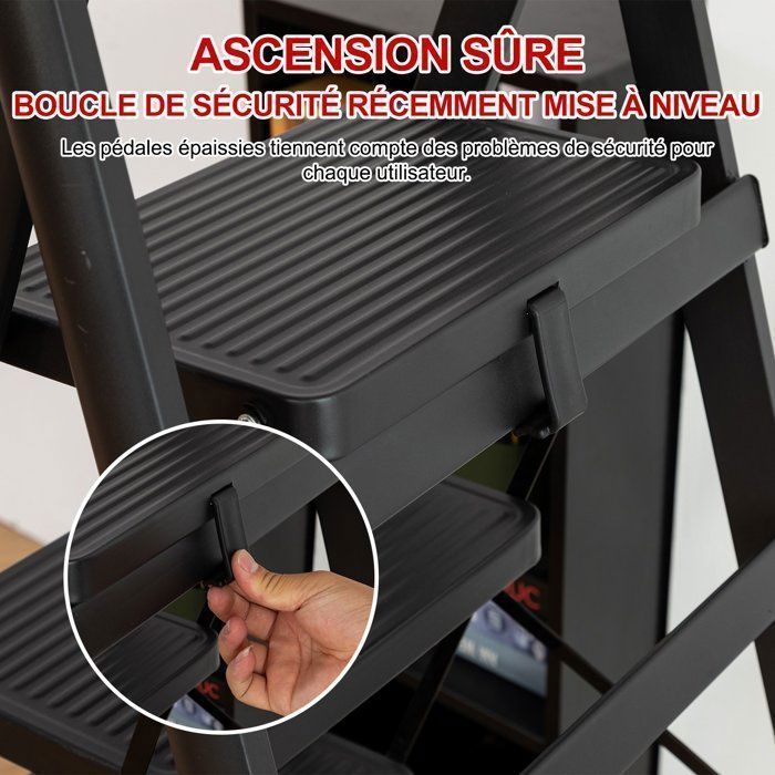 Scala a pioli - Seven Comfort - 5 gradini - Pieghevole - Antiscivolo - 90×47×153 cm (L x P x A) - Portata massima 150 kg - Acciaio - Nera
