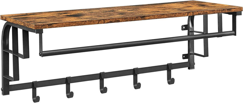 Wieszak ścienny industrialny z półką i haczykami 80 cm Czarno-brązowy Loft