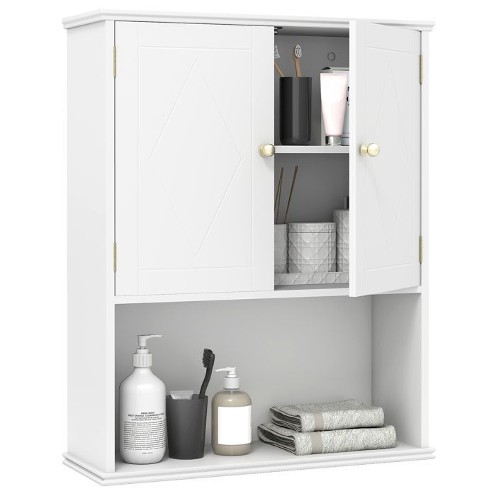 COSTWAY Meuble Mural Salle de Bain avec 2 Portes, Étagère Réglable, Compartiment Ouvert, pour Toilette, Buanderie, Salon, Blanc