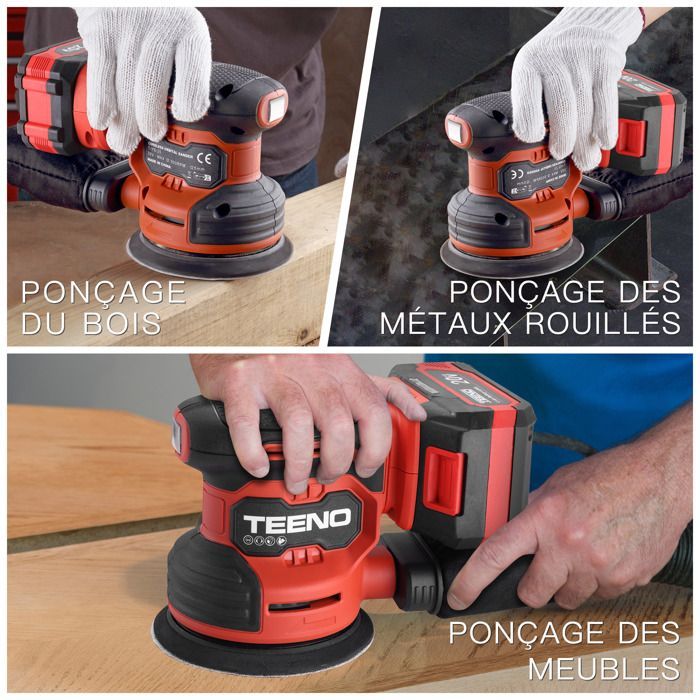 Levigatrice orbitale a batteria TEENO 20V, kit completo con 25 fogli abrasivi, batteria da 4,0 Ah e sistema di aspirazione della polvere.
