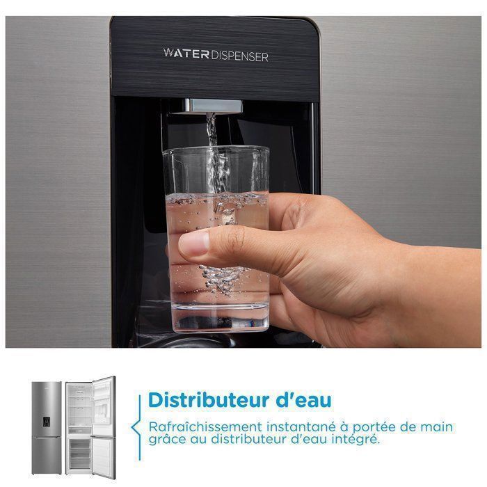 Réfrigérateur Congélateur Bas COMFEE - 308L(222L+86L) - Classe D - No Frost - L 63 cm x H 188 cm - Distributeur d'eau - Inox