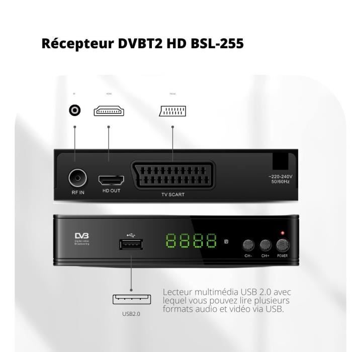 Receiver DVBT2 HD BSL-255 Para TNT2 de Alta Definition Full HD 1080P | Suporta H.265 10 Main HEVC | Input Scart, USB and HDMI