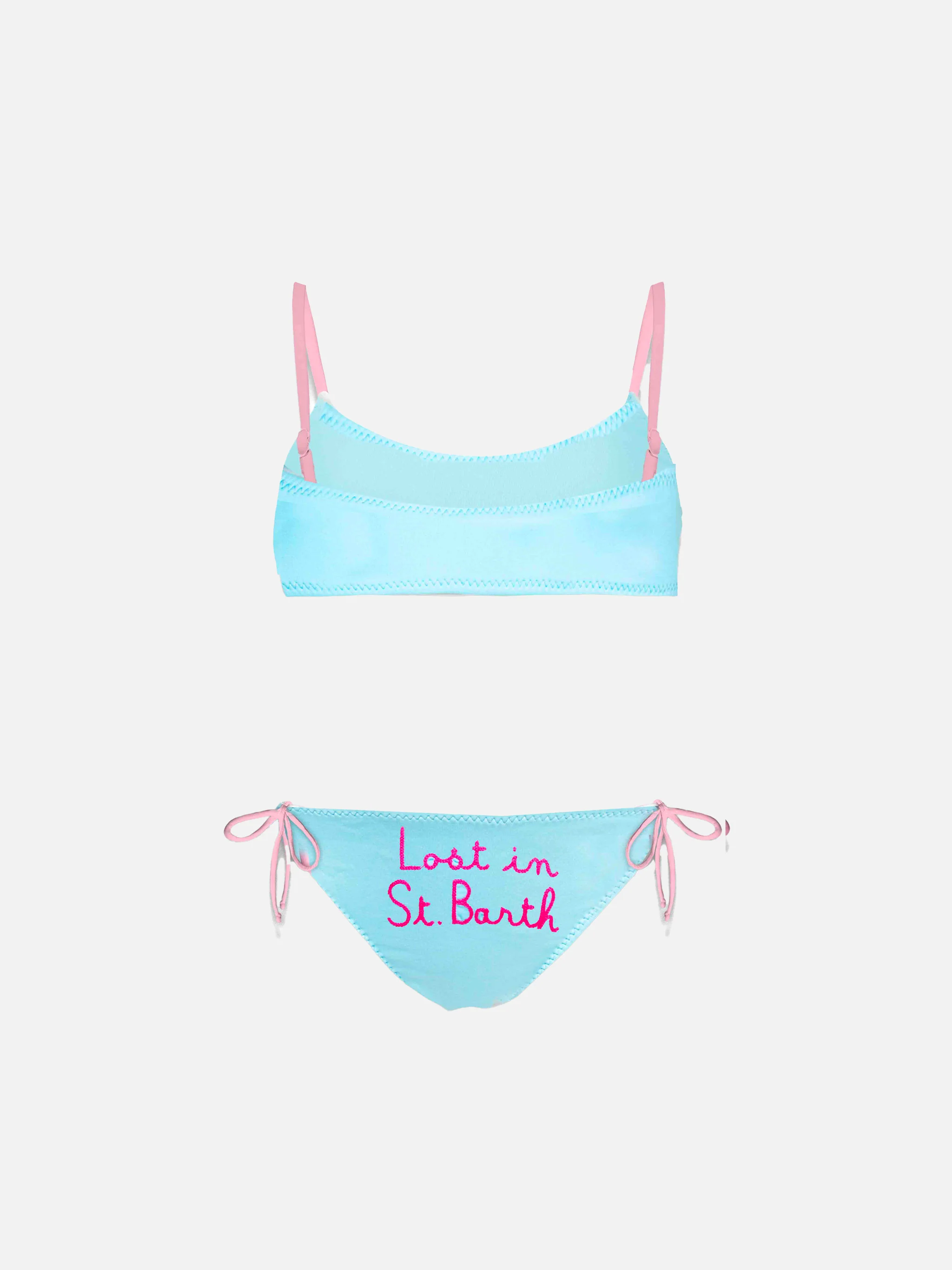 Bikini da bambina a bralette con scritta ricamata Lost in St. Barth