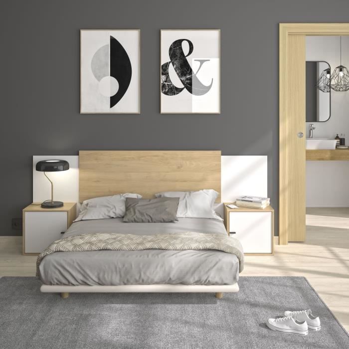 Tête de lit - ALIX - Extensible - Châtaignier naturel / Blanc - 246/226/206 x 34 x 91 cm - DIAGONE