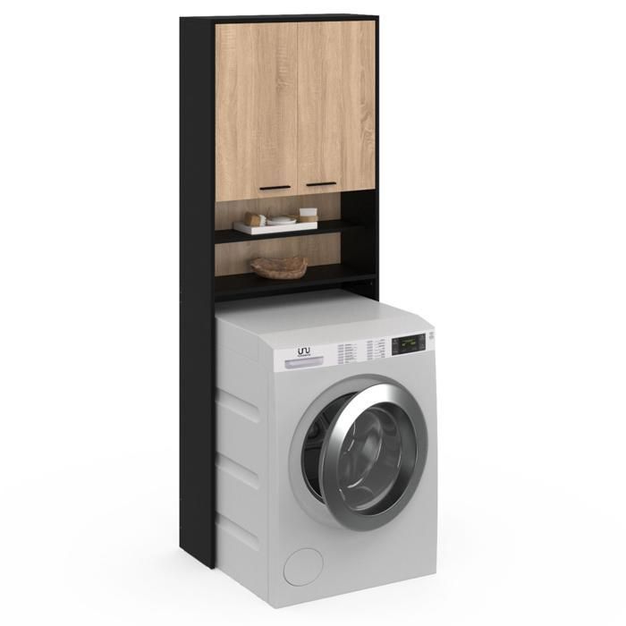 IDMARKET Meuble étagères de rangement dessus machine à laver et WC WALLIS noir et bois façon hêtre