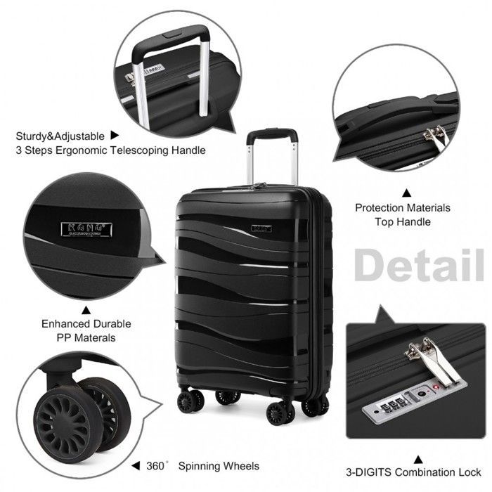 Juego de 3 maletas de viaje Kono (55/66/76 cm) Maleta de cabina rígida con ruedas y cerradura TSA, 4 ruedas con cerradura TSA, color negro