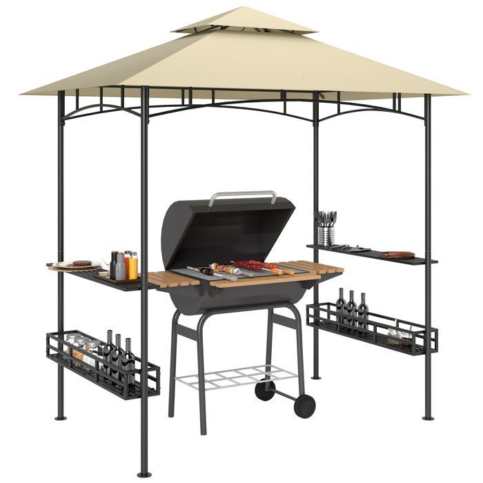 Tonnelle de barbecue - Outsunny - crochet au plafond - étagères et paniers de rangement - métal galvanisé 240 x 150 x 257 cm - beige