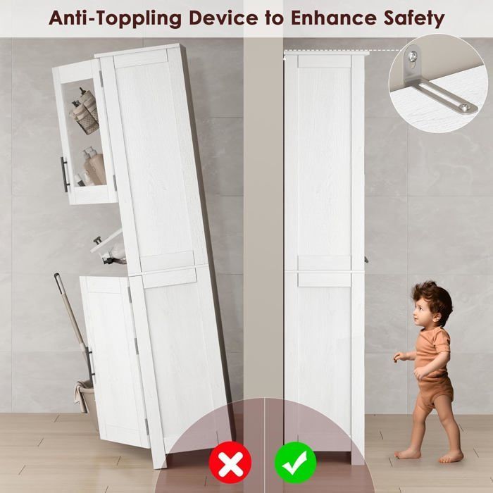 Tall storage cabinet - LUNSY - 60x30x170 cm - White - Four cupboards with doors - Large sliding drawer