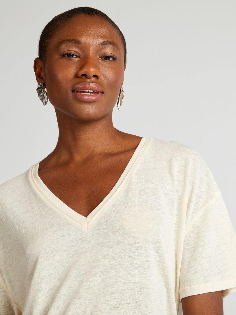 Camiseta de cuello redondo con lino - BLANCA
