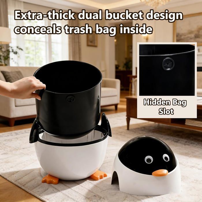 Pinguïn kinderprullenbak van 12 liter - met uitneembare binnenemmer, dierenthema decoratie voor slaapkamer of badkamer, wit