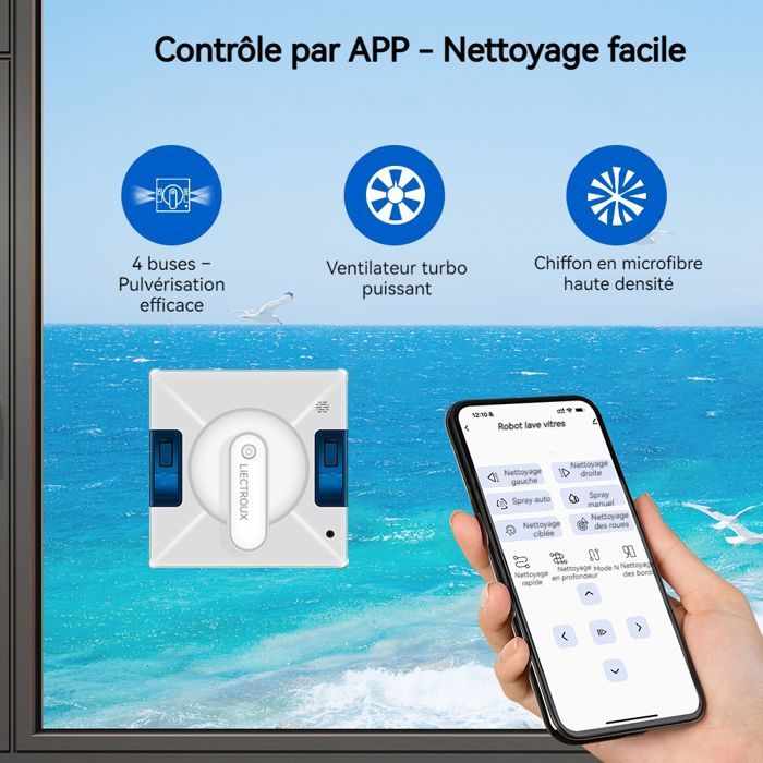 LIECTROUX Robot Lave Vitres YW509 – Pulvérisation 4 Buses / 3 Directions – Réservoir 100mL – 3000Pa – APP – Triple Sécurité