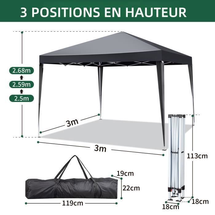 Gazebo pieghevole 3x3 m, gazebo da giardino impermeabile con 4 lati, 4 sacchi di sabbia, ideale per escursioni, campeggio e picnic, colore grigio.