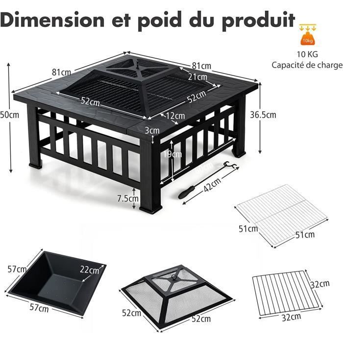 Outdoor Fire Pit Barbecue - RELAX4LIFE - 3 in 1 - Barbecue Net - Poker - Lid - 6 Ventilation Holes - 81X81X50CM