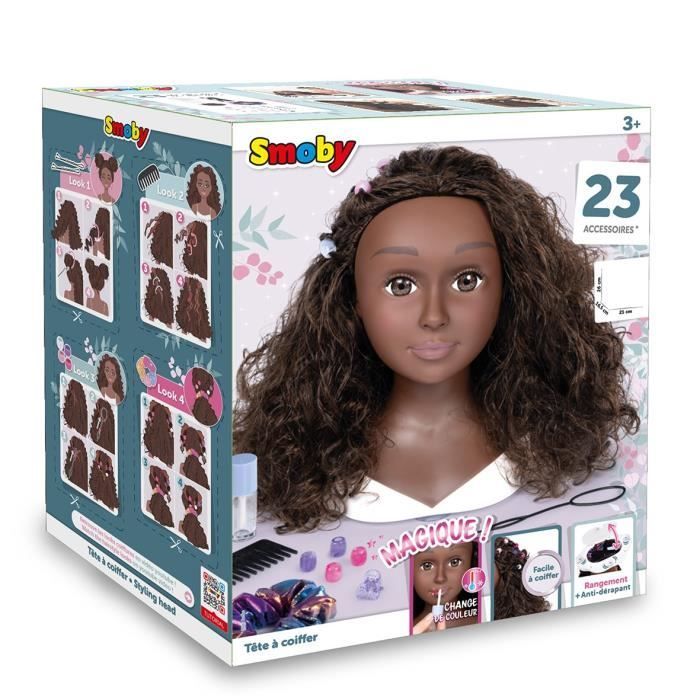 Smoby - Testa per acconciature con capelli afro - Facile da acconciare - 23 accessori realistici - Labbra termosensibili - Scomparto portaoggetti
