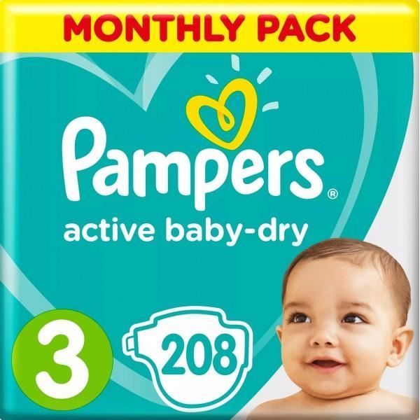 PAMPERS ACTIVE BABY DRY TAILLE 3 208 COUCHES PACK 1 MOIS DE COUCHES