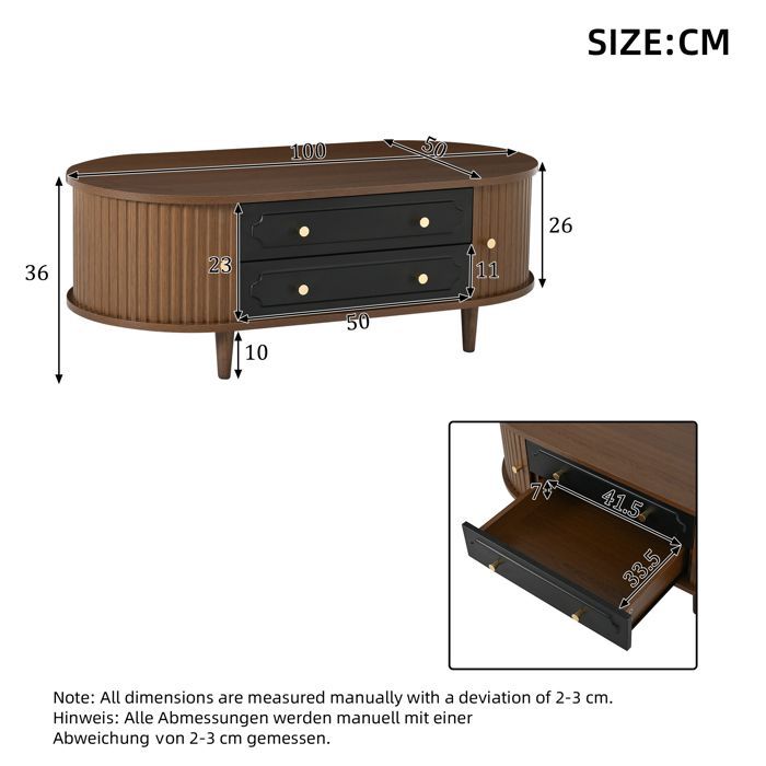 Moderne salontafel met twee lades, 100 x 50 x 36 cm. Vierpotige woonkamertafel met schuifdeur. Walnoot en zwart.